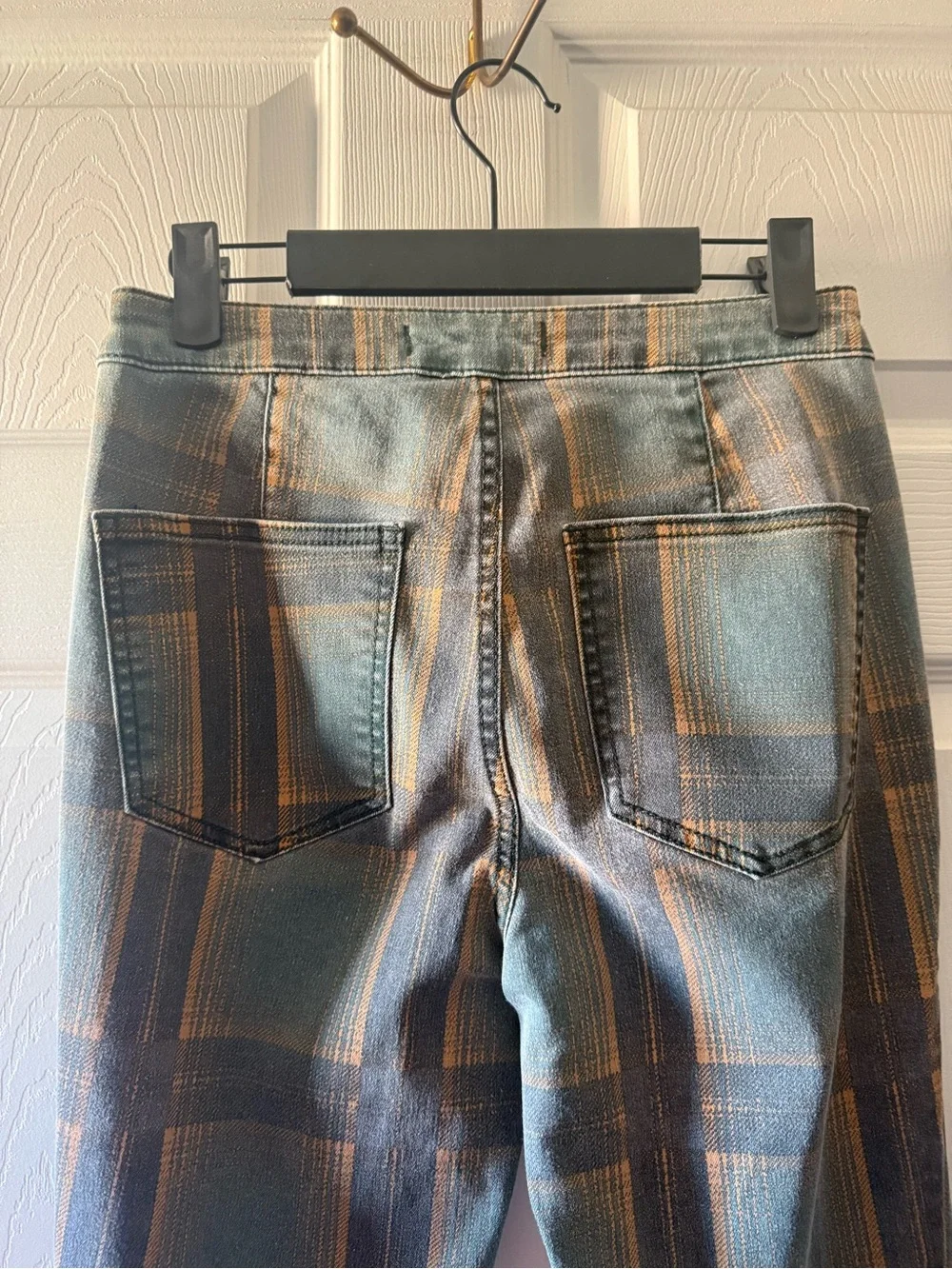 Free People Blue Plaid Wide Leg Flare Jeans - Picture 4 of 4